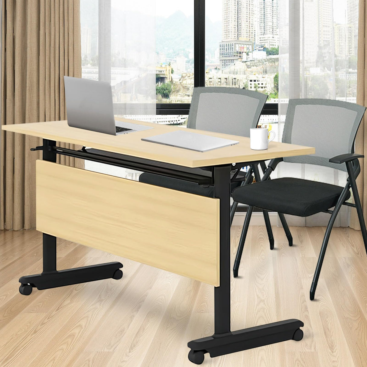 Conference Room Table,55.1" W x 23.6" D x 29.5" H Folding Modern Meeting and Office Table,Wood Conference Table with Wheels, for Training Seminar Classroom Table (4) Goakwwuz