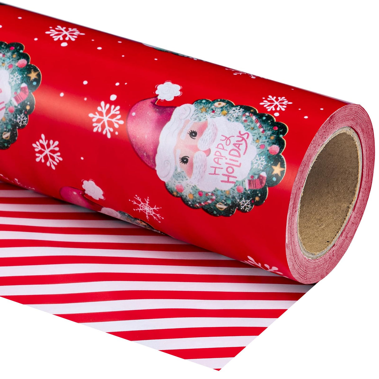 WRAPAHOLIC Reversible Christmas Wrapping Paper - Mini Roll - 17 Inch x 33 Feet - Red Santa Claus and Stripes Design for Christmas, Holiday, Party Celebration WRAPAHOLIC