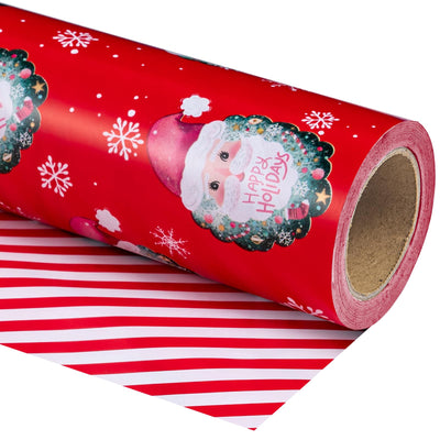 WRAPAHOLIC Reversible Christmas Wrapping Paper - Mini Roll - 17 Inch x 33 Feet - Red Santa Claus and Stripes Design for Christmas, Holiday, Party Celebration