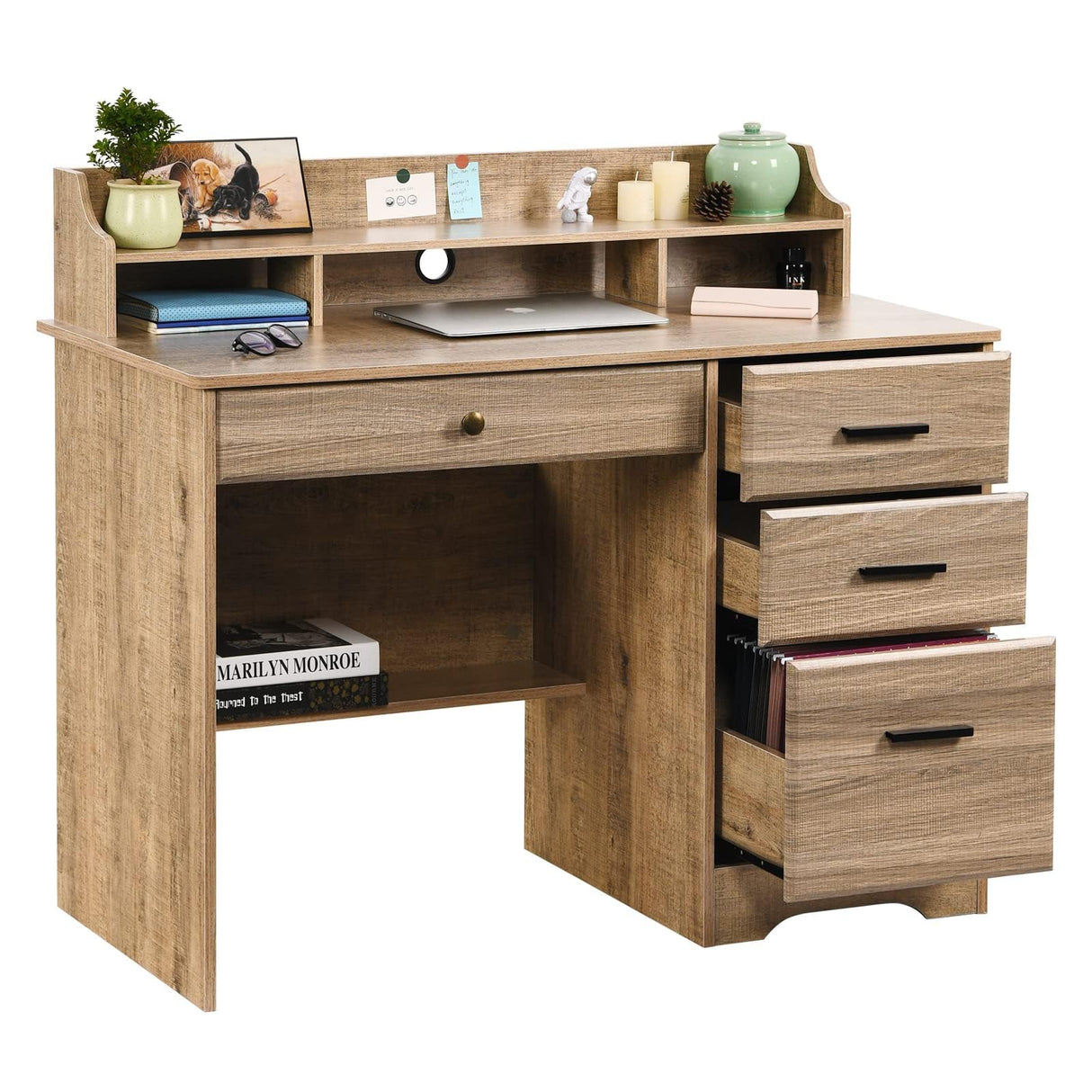 Computer Desk with 4 Drawers and Storage, Small Office Desk with File Drawers and Hutch, Farmhouse Wood Writing Student Table for Home Office, Bedroom, Wooden Grey HOMBCK