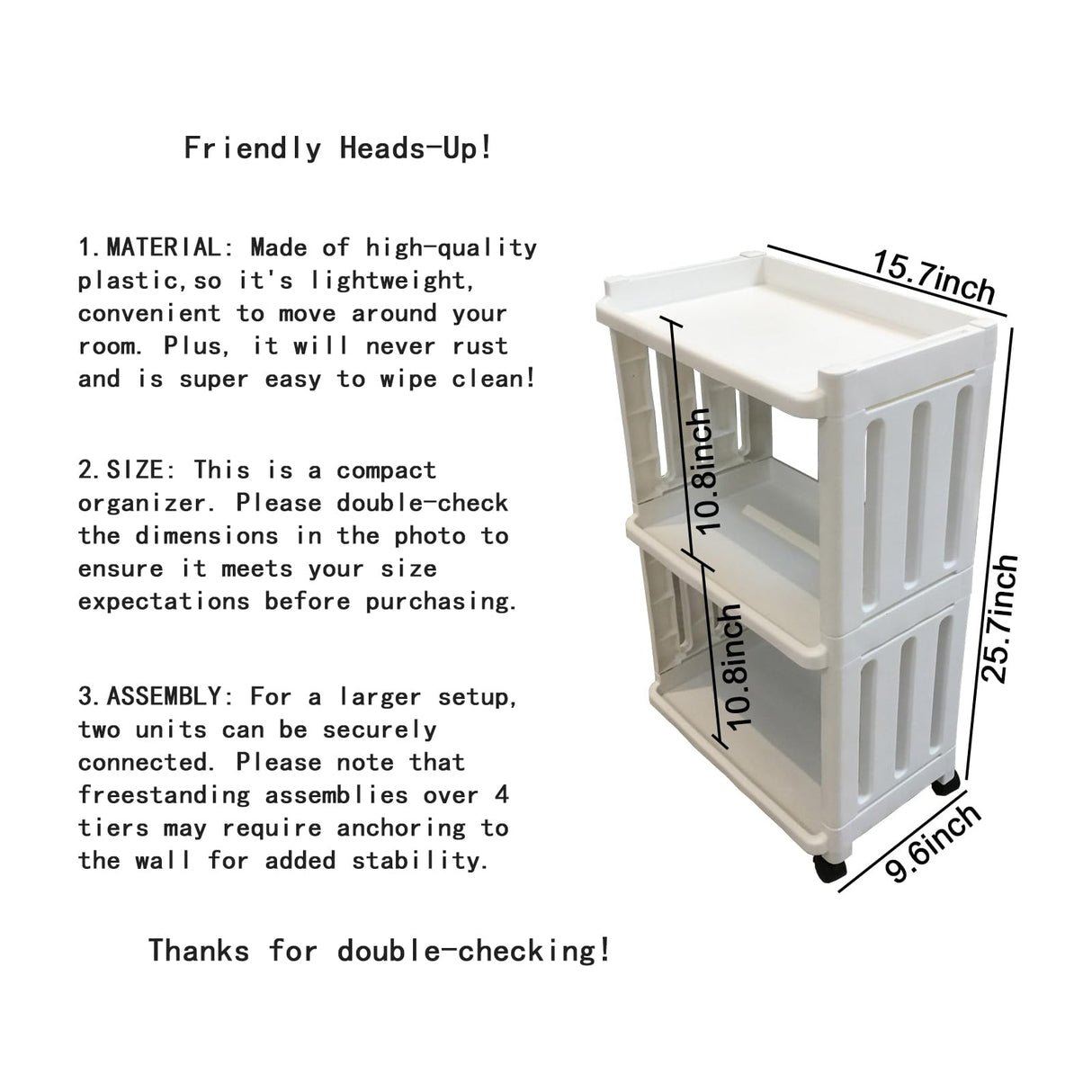 Rolling Storage Utility Cart Slim Organizer Shelf with Wheels 3 Tier Narrow Places Mobile Shelving Unit Tower Rack for Kitchen Bathroom Laundry Room Home Office Bedroom Living Room Washroom, White TENBOAT