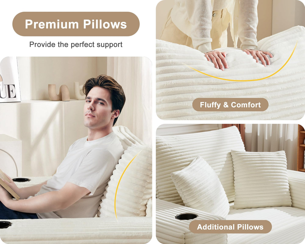 Busaurus 62" Oversized Chaise Lounge Chair Indoor, Fluffy Corduroy Upholstered Boneless Couch, Convertible Sleeper Sofa Bed & Reading Chair, Cloud Sofa Couches for Living Room, No Assembly, Beige Busaurus