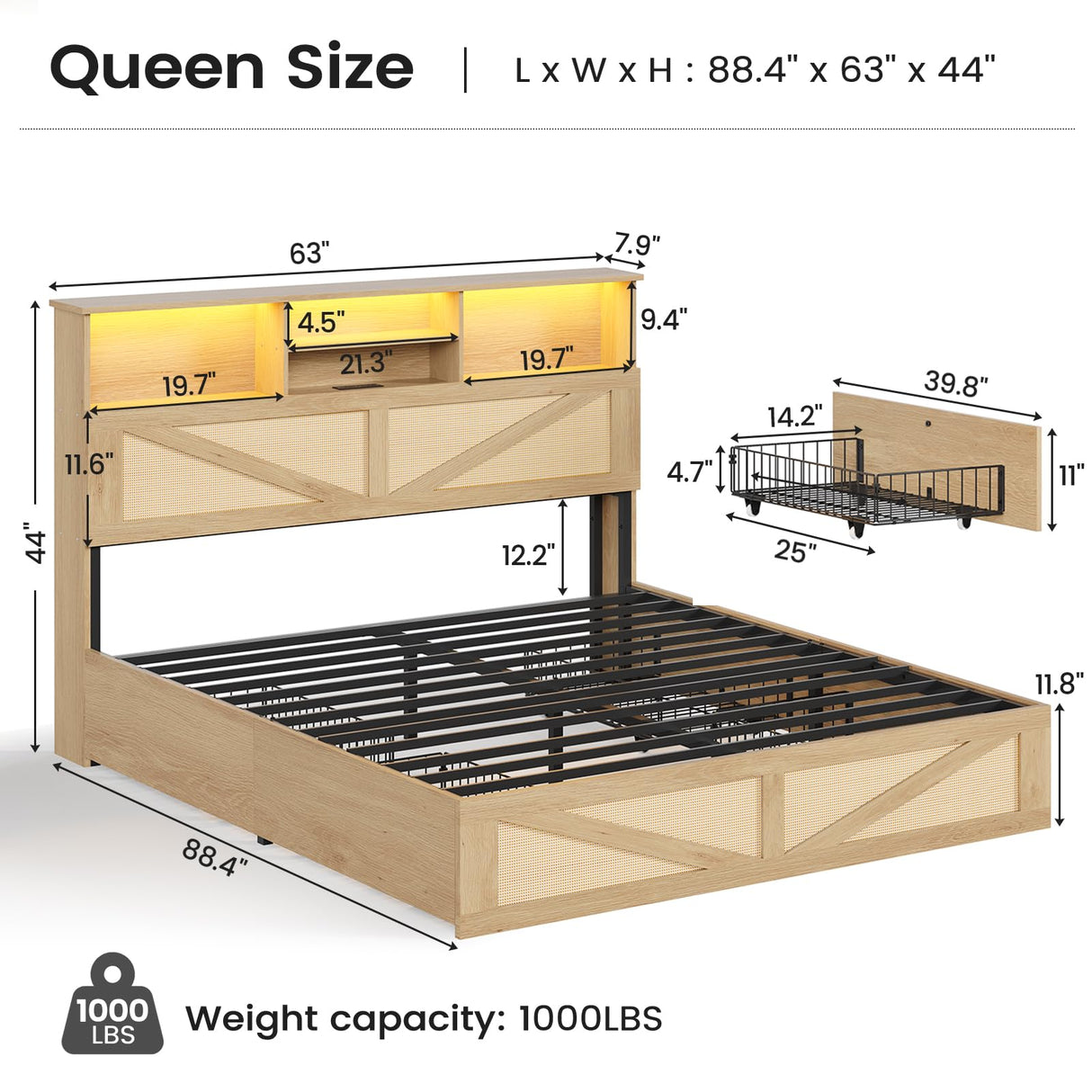 AOGLLATI Queen Bed Frame with 4 Storage Drawers and 2-Tier Bookcase Hidden Headboard, Rattan Led Bed Frame Queen Size with Charging Station, No Box Spring Needed, Wood AOGLLATI