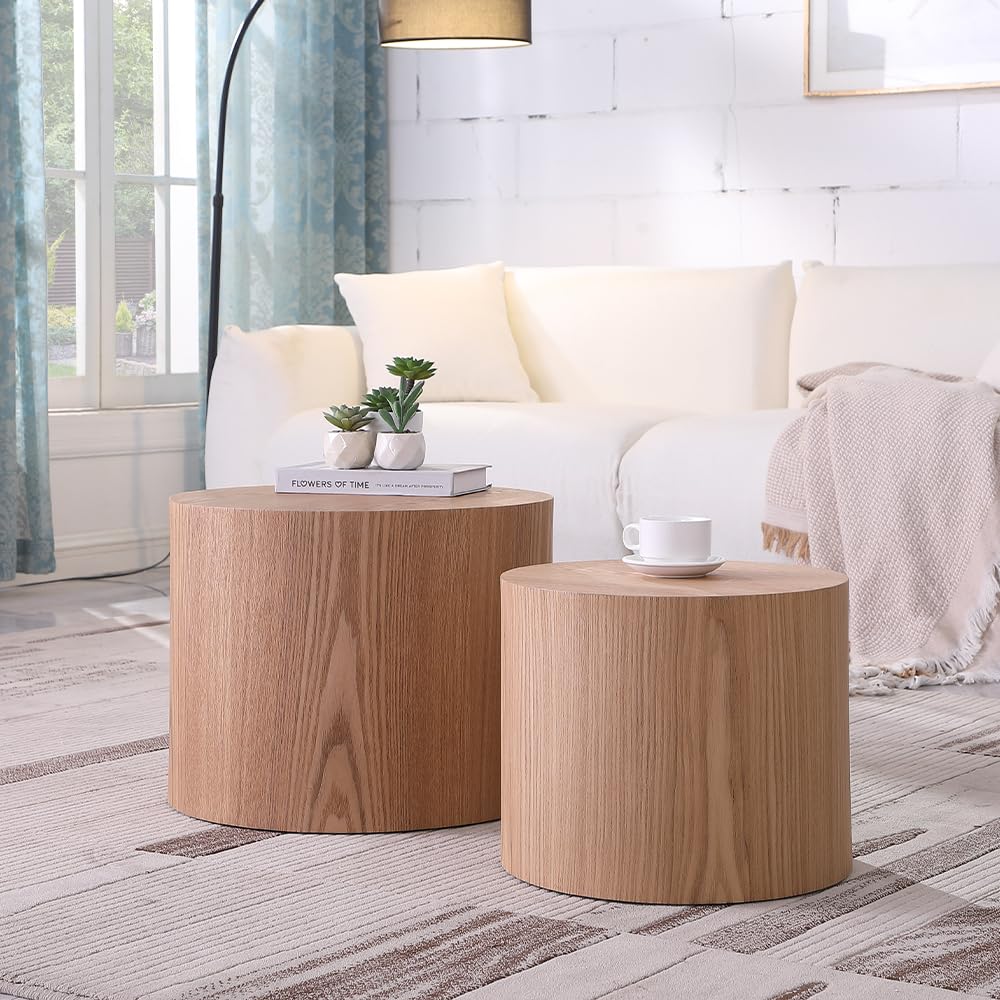 WILLIAMSPACE 18.9" Round Nesting Coffee Table Set of 2, Modern Wooden Coffee Tables Circle Side Table for Small Space, Accent End Table Set, No Assembling, Matte Oak WILLIAMSPACE