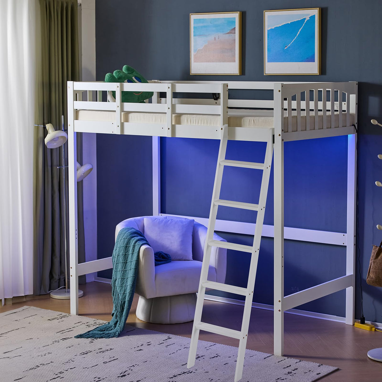 VINGLI Full Loft Bed with USB Charging Station/LED, Solid Wood Double Loft Bunk Bed with Flat Rungs for Kids/Teens/Adults, 15 inches High Guardrail,Wood Slat Support No Box Spring Needed, White VINGLI