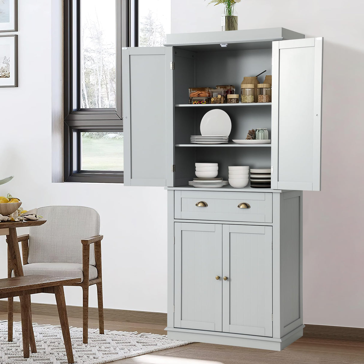 KIGOTY Pantry Cabinet Kitchen Storage Pantry Cabinet with Doors and Shelves for Living Room and Dining Room (Gray, 72" H) KIGOTY