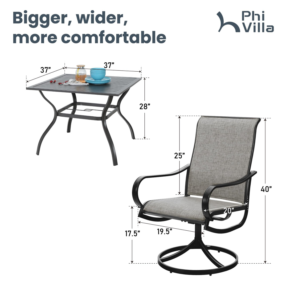 PHI VILLA 5 Piece Patio Dining Set Clearance with 4 Swivel Dining Chairs & 1 Square Metal Dining Table with 1.57 inches Hole, for Outdoor Kitchen Lawn & Garden Black Coated PHI VILLA