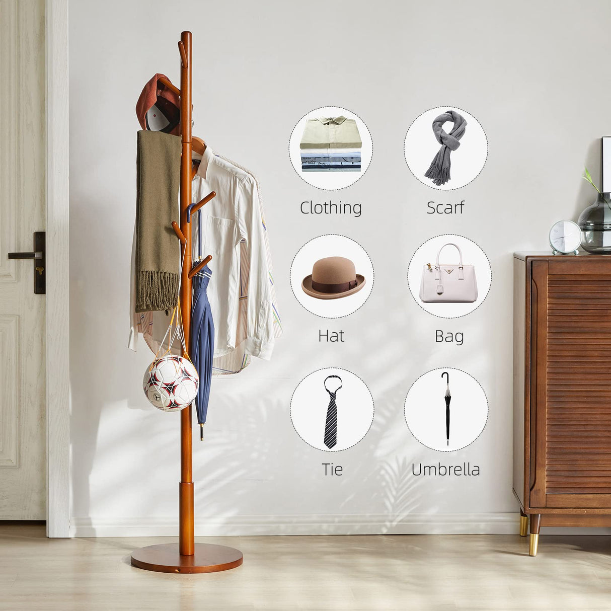 Aibiju Wood Coat Rack Freestanding, Coat Stand with 8 Hooks, Kids Coat Tree with 3 height options and Sturdy Base, Rustic Coat Rack Small Hall Tree Brown YD-1008 Aibiju