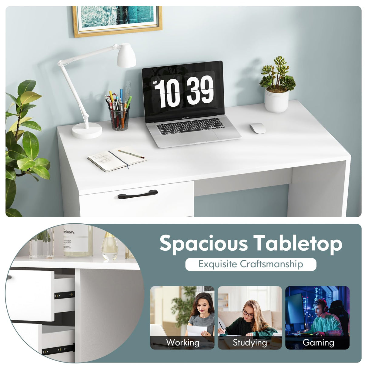 IFANNY White Computer Desk, 43.5’’ Writing Desk with 4 Large Drawers, Modern Executive Desk, Wood Vanity Table with Storage, Student Desk for IFANNY