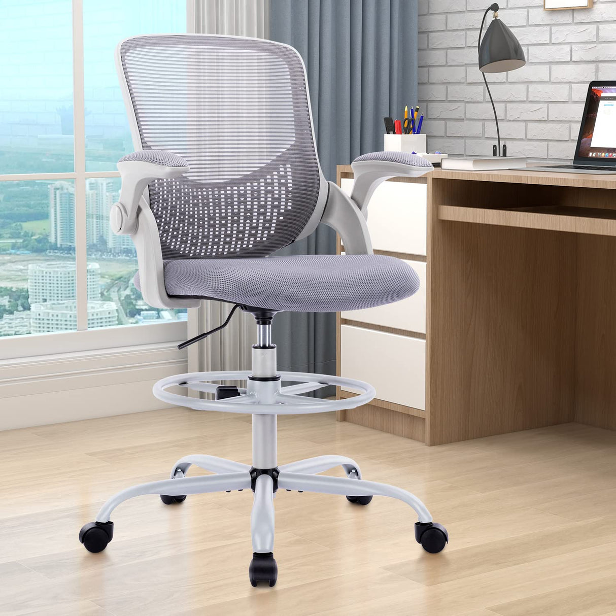 Tall Office Chair, Drafting Chair, Standing Desk Chair, High Adjustable Office Mesh Chair, Ergonomic Counter Height Computer Rolling Chair with Flip-up Armrests and Foot-Ring for Bar Height Desk edx