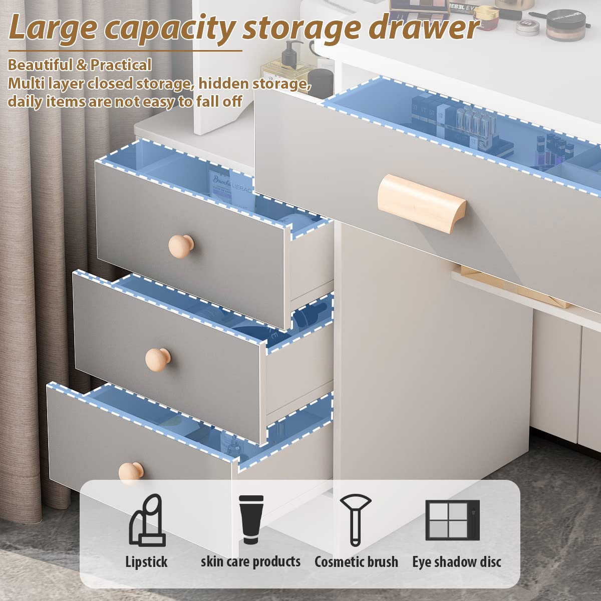 AGOTENI Small Vanity Table Makeup Vanity Dressing Table with Mirror, 4 Drawers & Shelves, Dressing Desk and Cushioned Stool Set (White/Grey, Slidding Lighted Mirror) AGOTENI