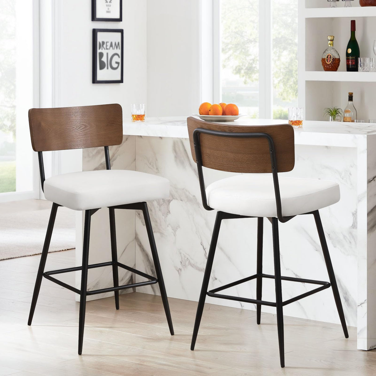 Bekrvio Counter Height Swivel Bar Stools Set of 3, Upholstered Faux Leather Barstools with Wood Backs and Metal Legs, 26" Seat Height Counter Bar Stool for Kitchen Island, White Bekrvio