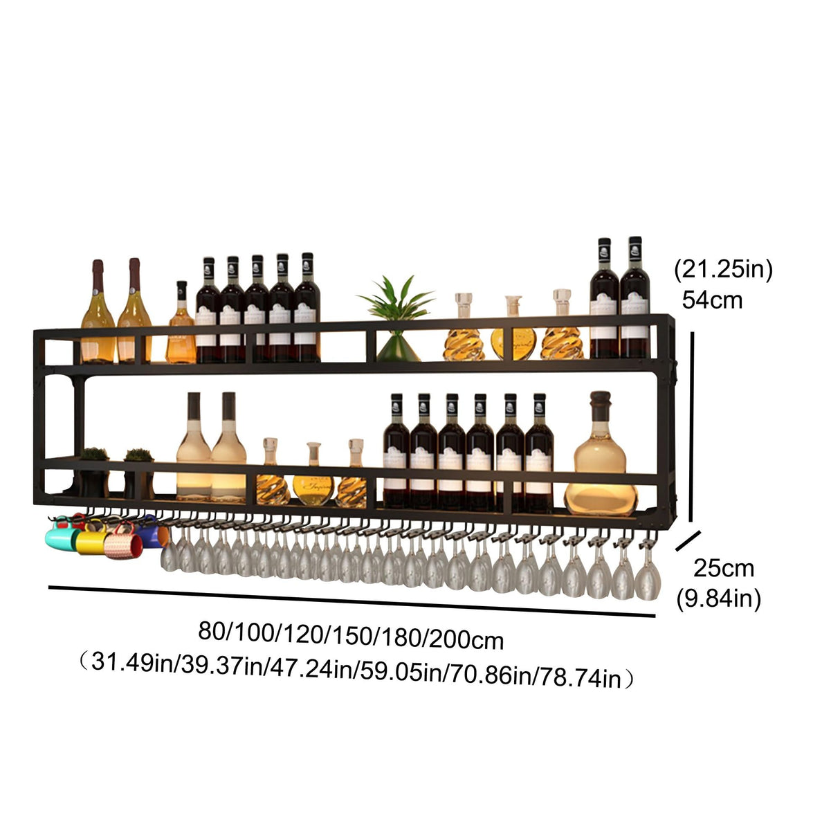 Wall Wine Rack Floating Bar Shelves Wall Mounted with LED Light Liquor Bottle Display Shelf with Hanging Wine Glass Rack Kitchen Wall Shelf Liquor Cabinet Bar Stand for Home Bar Cafe Restaurant(Black, WXZXWXZX