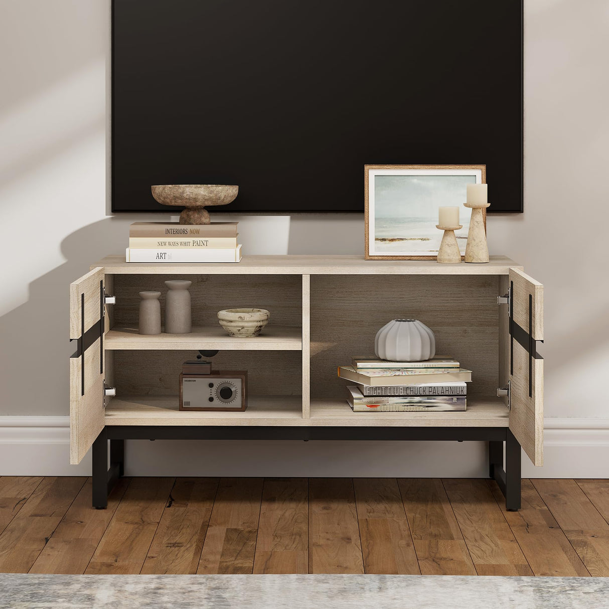 WAMPAT Modern TV Stand with Storage Cabinets for 40 Inch TV, Wood TV Entertainment Center TV Media Console Table with Metal Leg for Living Room,Light Oak WAMPAT