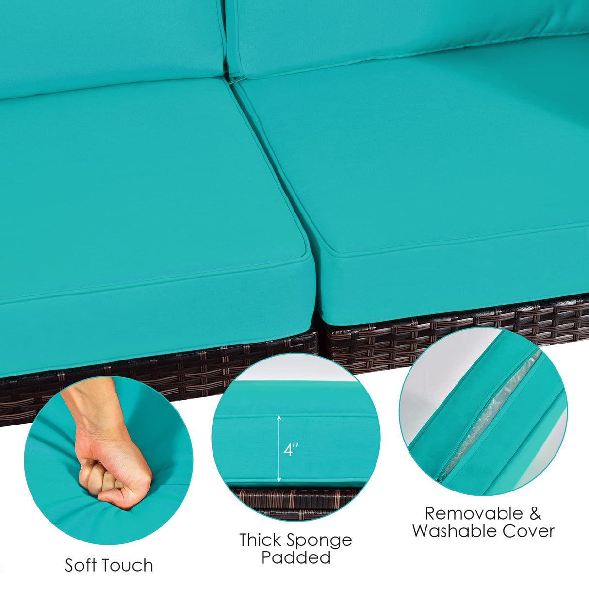 RELAX4LIFE 8-Piece Patio Furniture Set - Rattan Wicker Sectional Sofa Set w/Cushions, 32’’ Outdoor Gas Propane Fire Pit Table & Tank Holder, 40000 BTU Heat Output, PVC Cover for Firepit (Turquoise) RELAX4LIFE