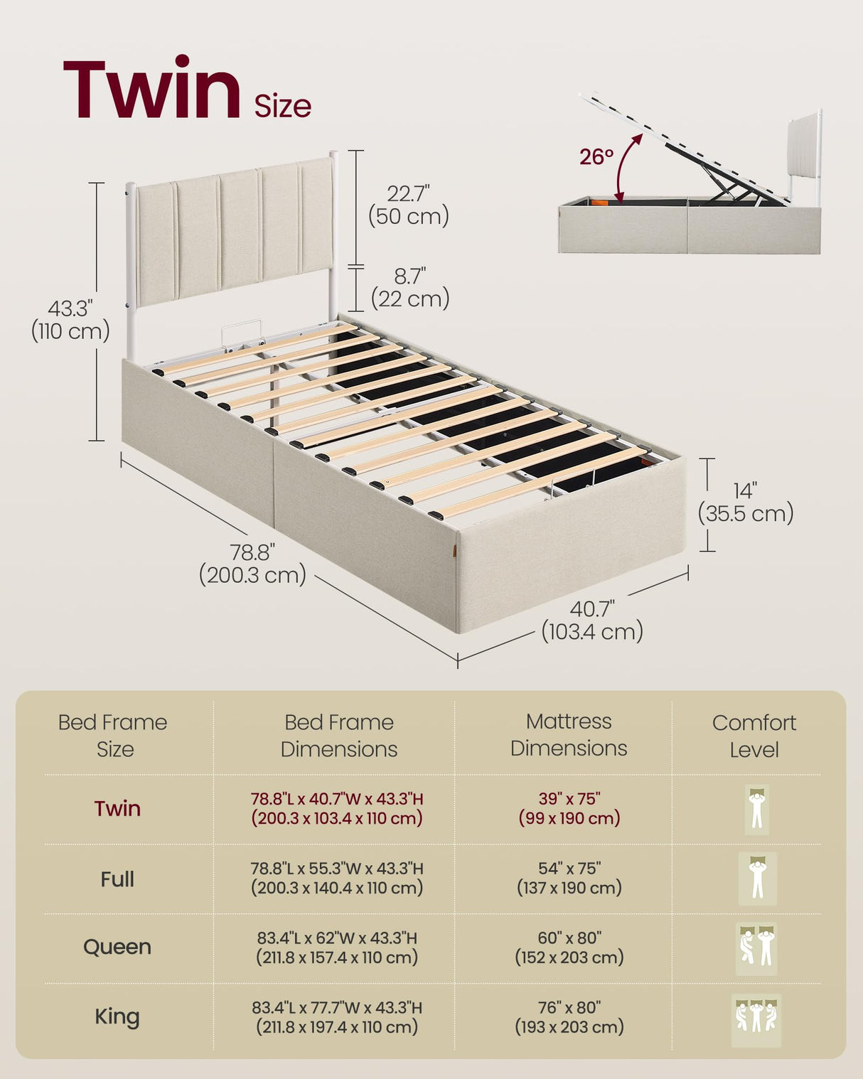 VASAGLE Lift Up Storage Bed Frame Twin Size, Hydraulic Platform Bed, with Upholstered Headboard, 550 lb Weight Capacity, No Box Spring Needed, Easy Assembly, Modern, Cappuccino Beige URMB603W01 VASAGLE