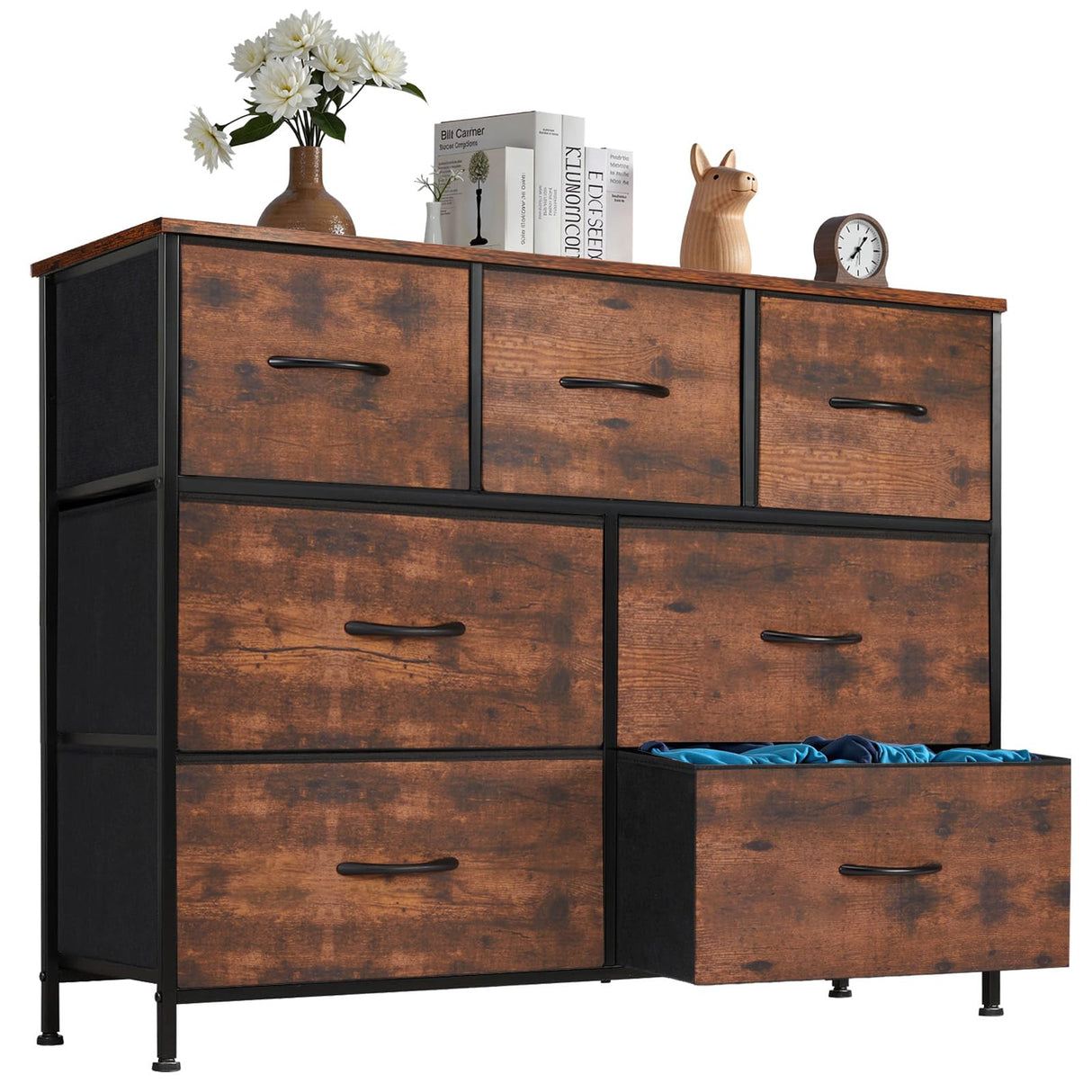 DUMOS TV Stand Dresser for Living Room Bedroom with 7 Fabric Drawer, Entertainment Center Chest Storage Organizer Units for Clothing, Closet, Cabinet, Living Room Furniture, Rust Brown DUMOS