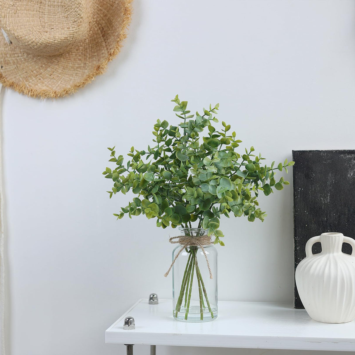 Zheart Fake Eucalyptus Stems in Glass Vase with Faux Water,14" Artificial Plants Eucalyptus Leaves for Shelf Desk Bathroom Farmhouse Room Coffee Table Home Decor (Sage Green) Zheart