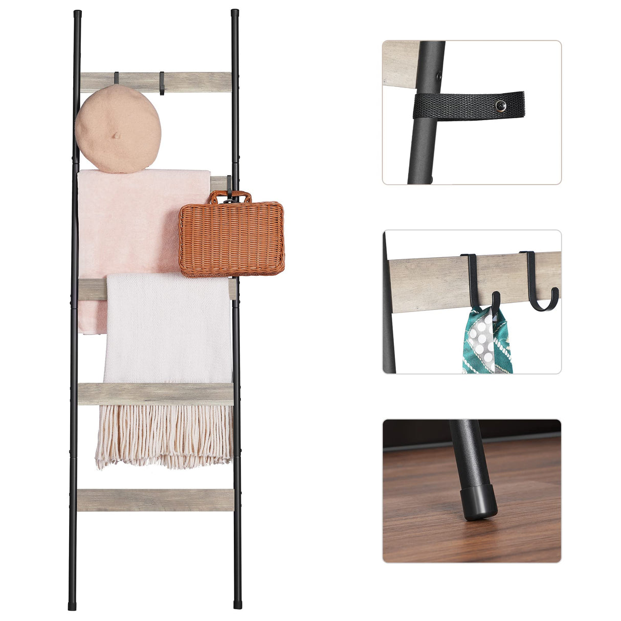 ELYKEN Blanket Ladder for Living Room, Farmhouse 5 -Tier Quilt Holder with 4 Removable Hooks for Bathroom, Wood Towel Rack Display, Wall Anchor Leaning Decorative Stand for Home Decor, White Oak ELYKEN