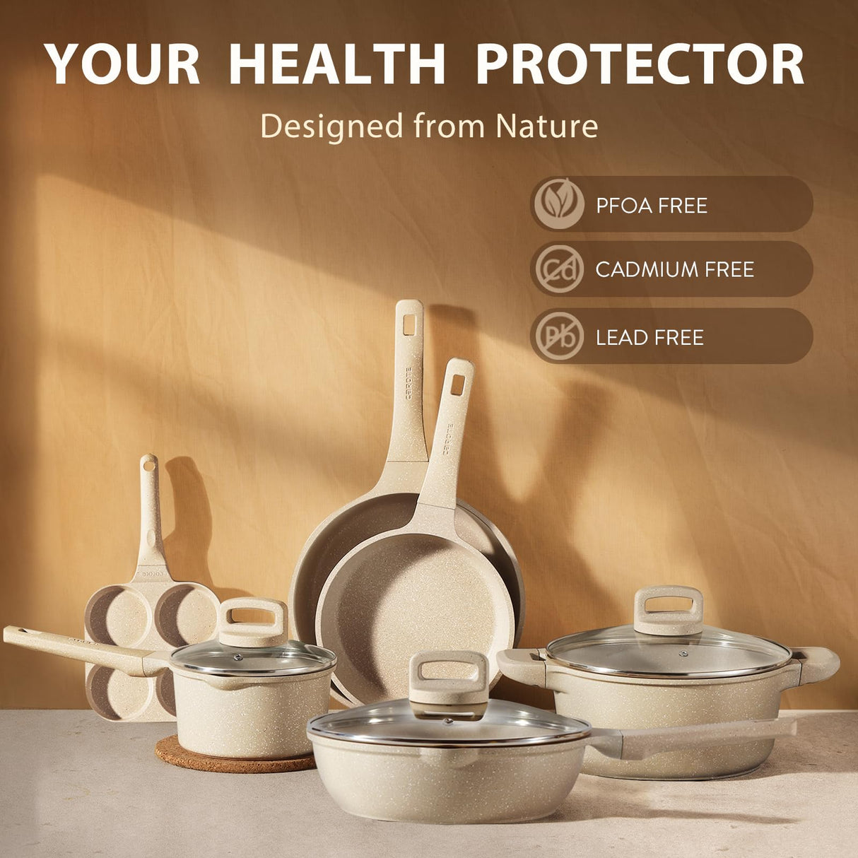 CAROTE 13pcs Kitchen Pots and Pans Set Non Stick, Taupe Nonstick Cookware Set, Frying pans, Kitchen Essentials, Frying pans with lids CAROTE