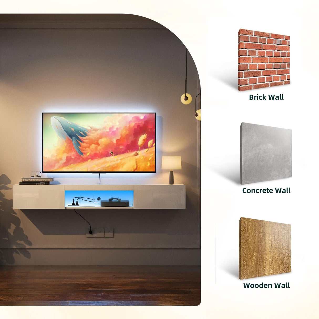 Floating TV Stand Shelf for TVs up to 80 Inch, Floating TV Cabinet with LED Light, Modern Wall Mounted Media Console Shelf with Power Outlets, Entertainment Center for Under TV Storage, White Msutree