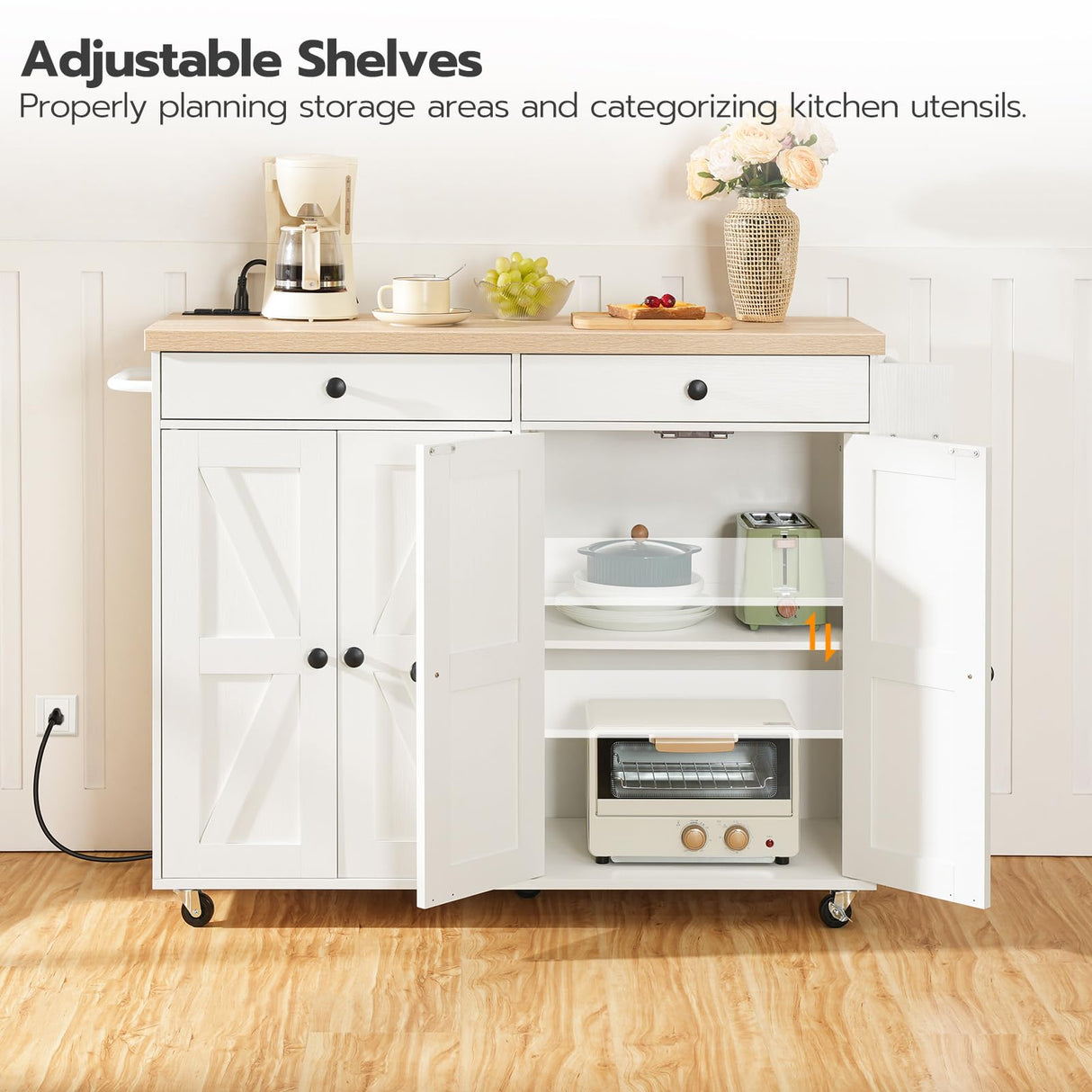 HOOBRO 43.3 Inch Kitchen Island with Charging Station, Rolling Kitchen Island with Storage, Kitchen Island Cart with Spice Rack and Hooks, for Kitchen, Living Room, White and Natural WN11UZD01 HOOBRO