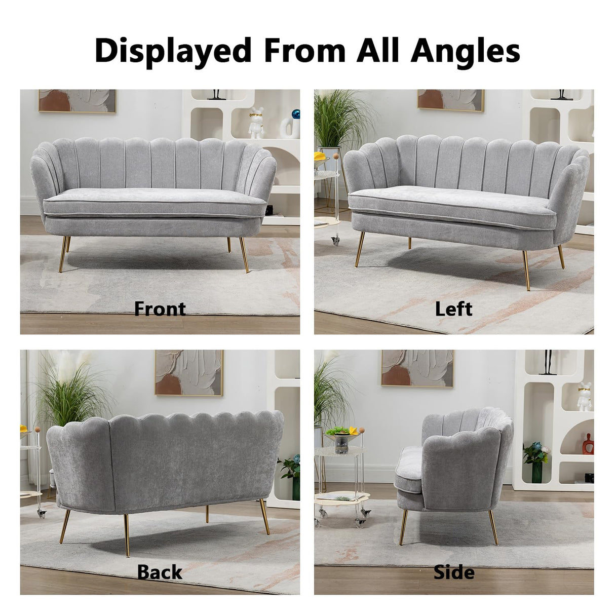 Anwick 59" Small Modern Chenille Loveseat Sofa, 2-Seater Sofa with Gold Metal Legs, Small Couch with Flower Shaped Back for Living Room Bedroom Office (Light Gray) Anwick