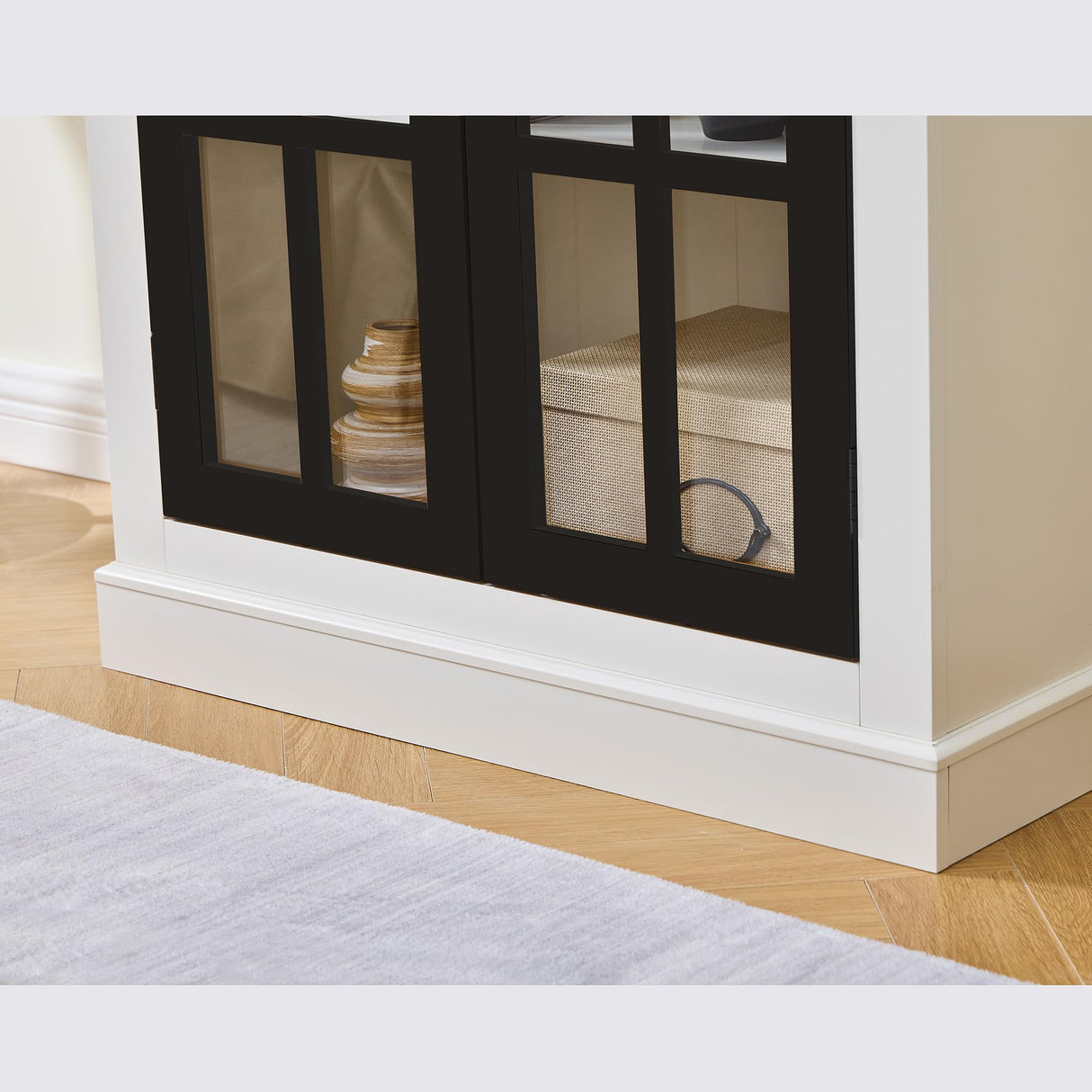 71.2" Rustic Display Cabinet, Farmhouse Pantry Stoage Cabinet with Glass Doors & Lattice Window, Tall Wooden Curio Cabinet with Adjustable Shelves for Hallway Living Room Kitchen Office, White+Balck Heliodeck