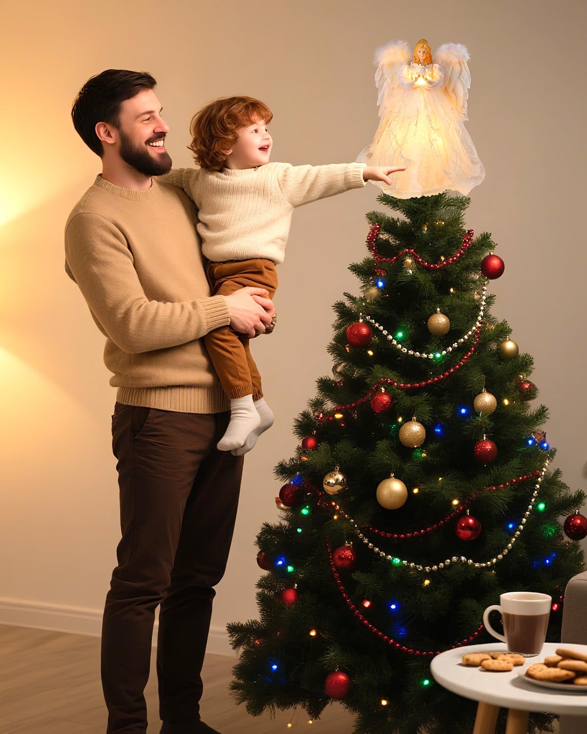 Christmas Tree Topper Angel with Lights, Xmas Tree Toppers Decorations Ornament with White Feather Wings, Plug in Christmas Tree Angel Treetop for Indoor Office Holiday Brightown