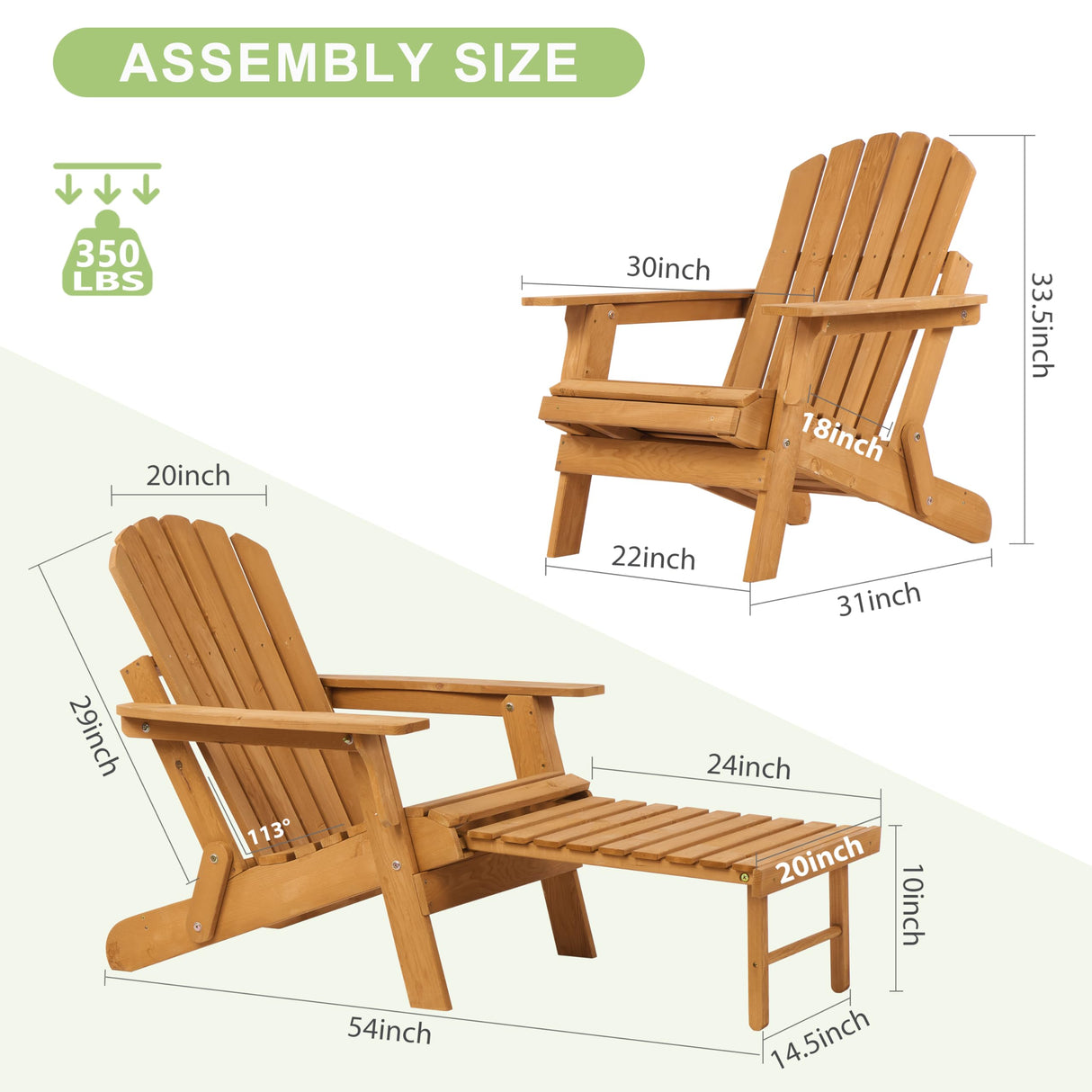 Oversized Wooden Folding Adirondack Chair with Ottoman, Pre-Assembled Backrest and Seat Board, Lounge Chair for Outdoor Patio Garden Lawn Backyard Firepit Deck Pool Beach Wood-Natrl