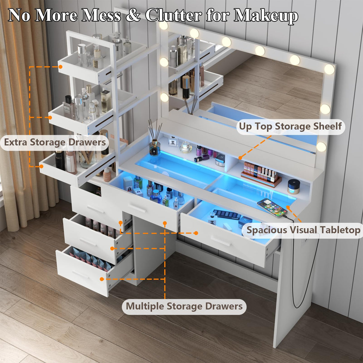 Gyfimoie White Vanity Desk with Mirror and Lights, 8 Drawer Makeup Vanity Table with Glass Top, Power Outlets and RGB Lights, Women & Girls Dressing Table with Lighted Mirror(Stool Not Included) Gyfimoie