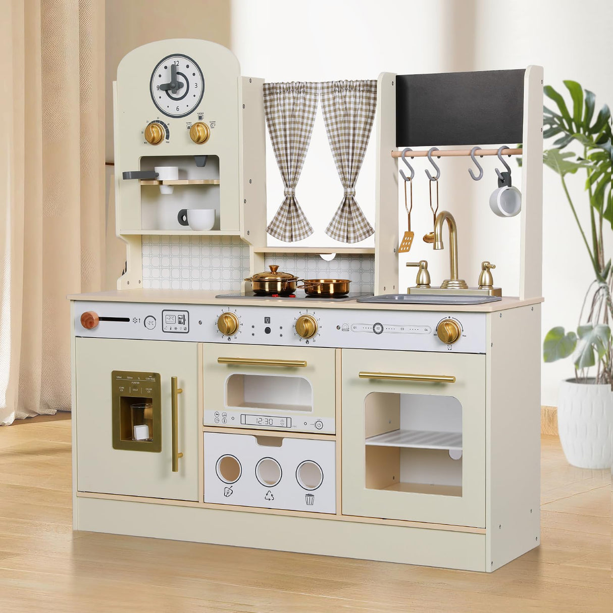 EDUBEBO Kids Kitchen playset, Wooden Play Kitchen, Height Adjustable, Comes with Various Kitchen Accessories, Ideal Role Play Toy Gift for Toddlers and Kids Ages 3-8 (White) EDUBEBO