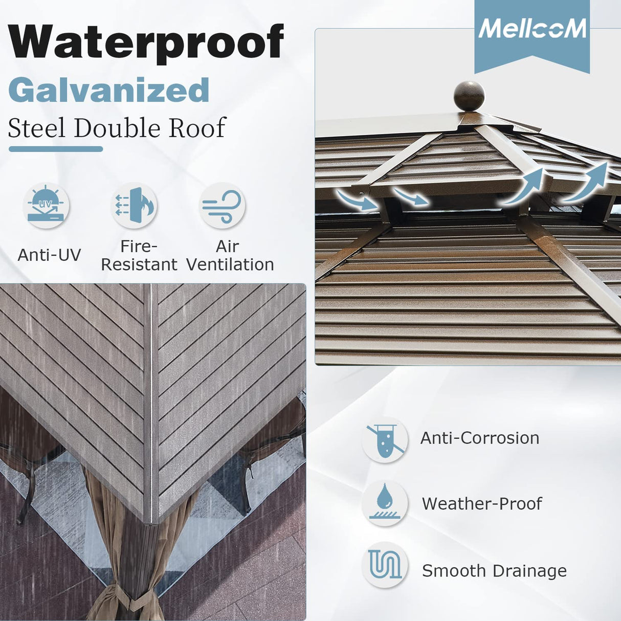 MELLCOM 10' x 13' Hardtop Gazebo, Galvanized Steel Metal Double Roof Aluminum Gazebo with Curtains and Netting, Brown Permanent Pavilion Gazebo with Aluminum Frame for Patio, Lawn & Garden MELLCOM