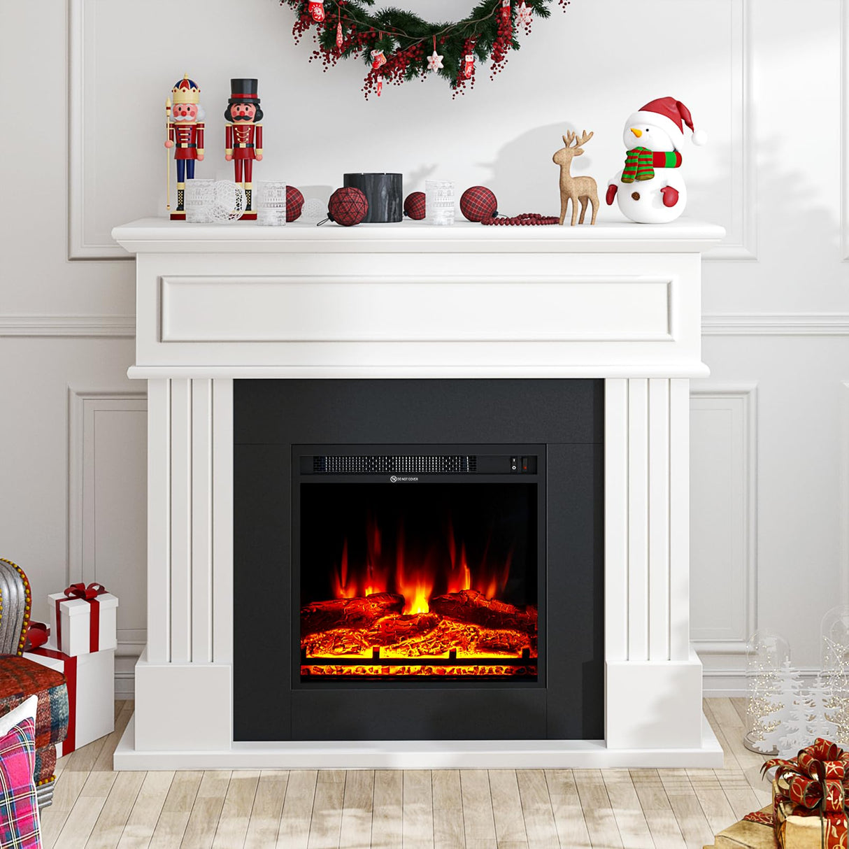 oneinmil Electric Fireplace with Mantel, Fireplace TV Stand with 18’’ Electric Fireplace Heater, 3D Realistic Flame, Freestanding Fireplace for Living Room, Bedroom, White oneinmil