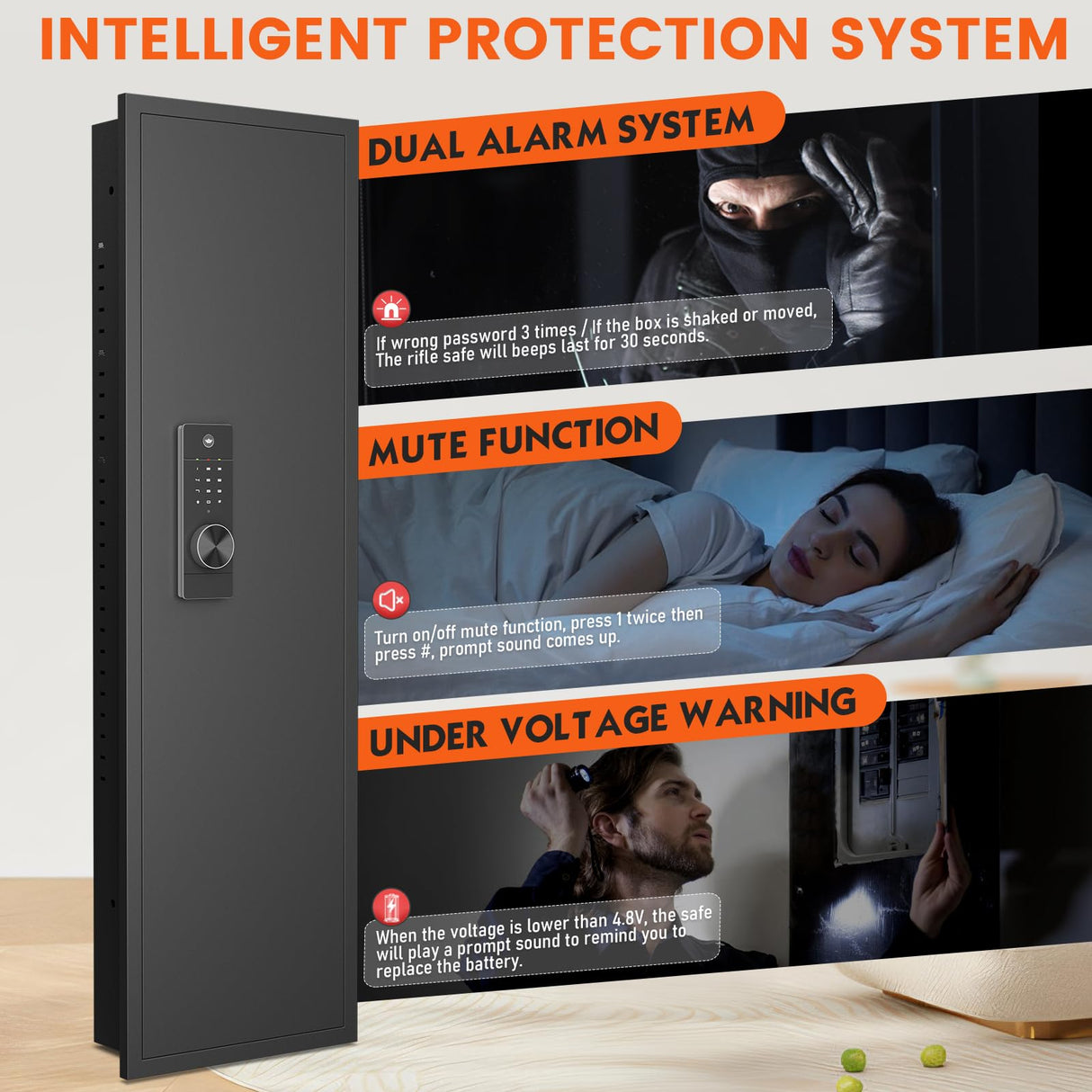 53.15" Wall Safe Between the Studs, In Wall Gun Safe, Digital Hidden Gun Cabinet with Gun Rack & Adjustable Shelves, Gun Safes & Cabinets with Dual Alarm System & Mute Mode(Black-Digital) Luzfuego