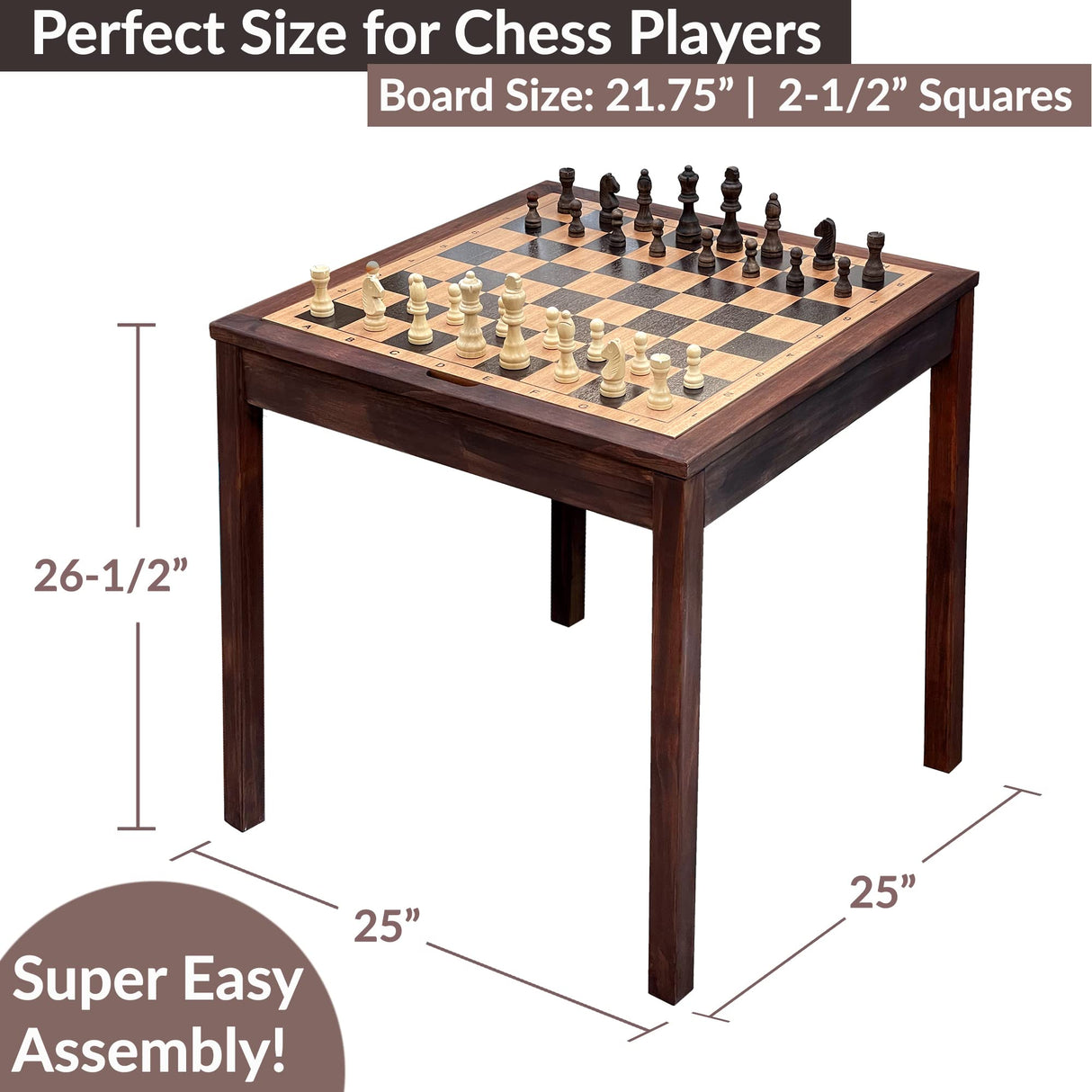 Sterling Games Wooden Chess Table | Chess, Checkers and Backgammon 3 in 1 Combo Game Table Furniture Set, 25" x 25", 4" King STERLING