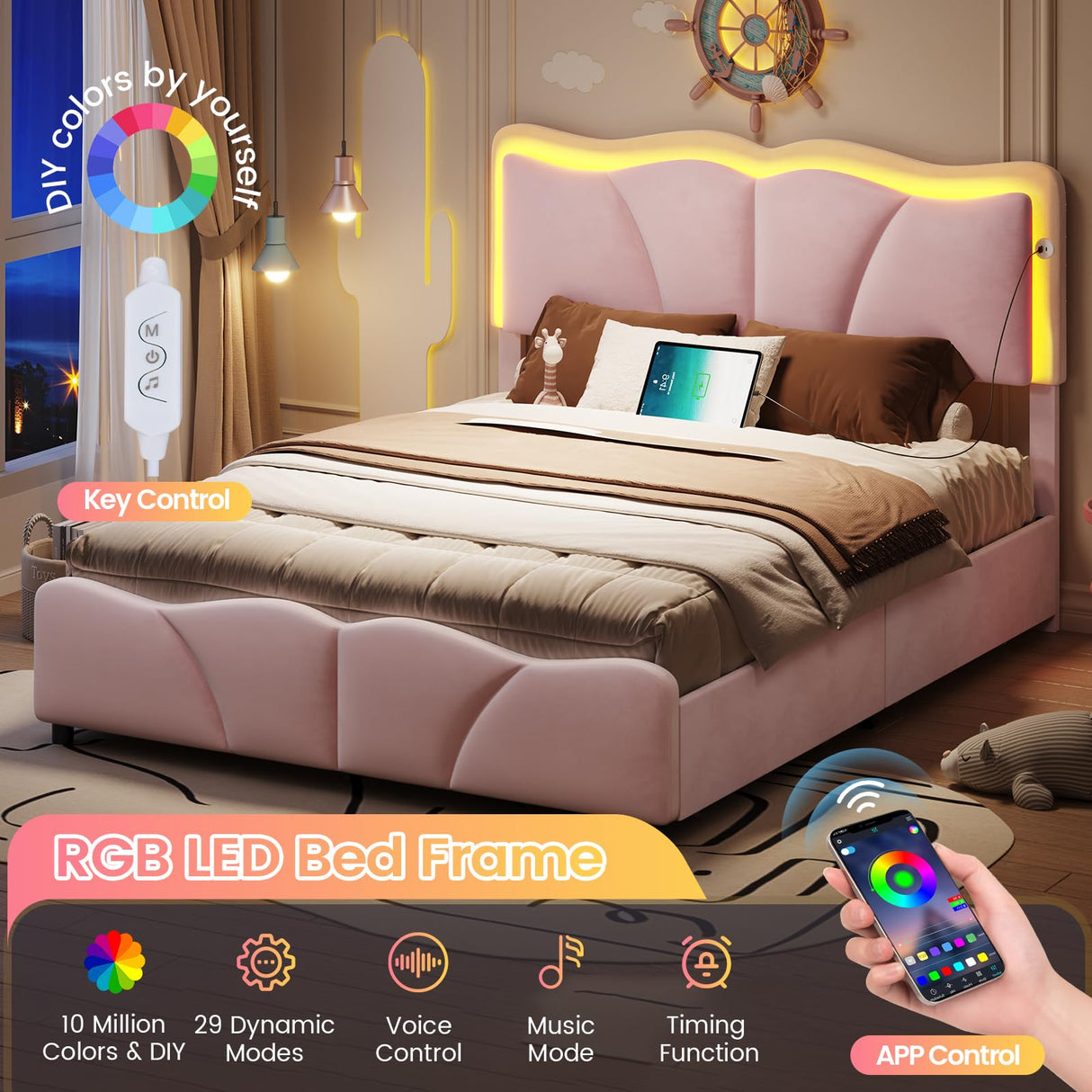 FORABAMB Full Size Bed Frame with 4 Drawers, Upholstered LED Bed Frame with Adjustable Flowers Headboard, Platform Bed Frame Full Size with Wooden Slats Support, No Box Spring Needed, Pink FORABAMB