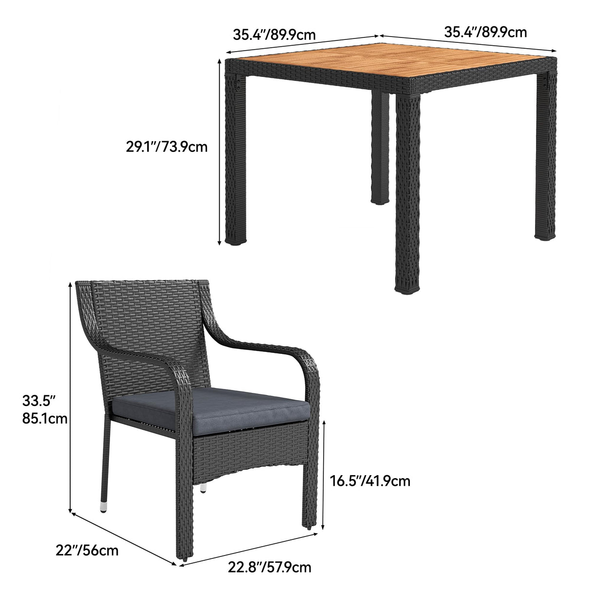 YITAHOME 5-Piece Patio Dining Set, Outdoor Wicker Conversation Furniture with Wooden Tabletop and Cushions, Wicker Square Dining Sets for Lawn Garden Backyard Deck YITAHOME