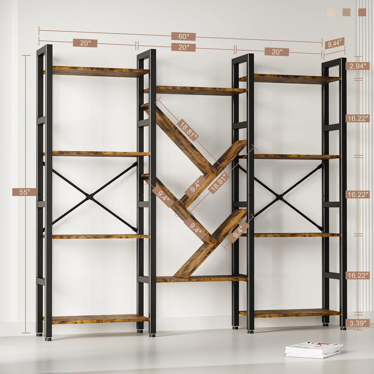 INNOD Triple 4 Tier Book Shelf, Large Wooden Bookcase with 14 Open Display Shelf, Modern Bookshelf Metal Frame Furniture for Living Room Bedroom Home Office Brown INNOD