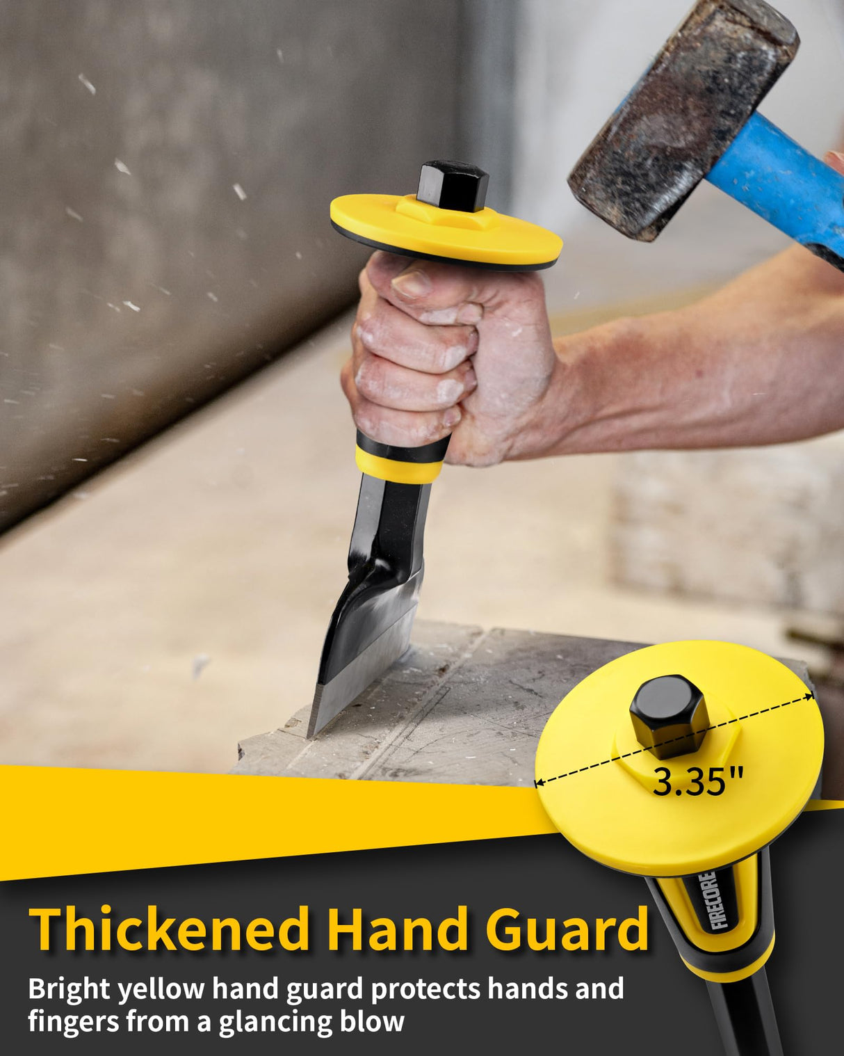 Rock Chisel Set, Firecore 3PCS Masonry Chisel with Hand Guard, Heavy Duty Point Flat Cold Chisel for Concrete Stone Brick Rock Tile Mortar Breaking Demolishing Carving Splitting Cutting Mason Tools Firecore