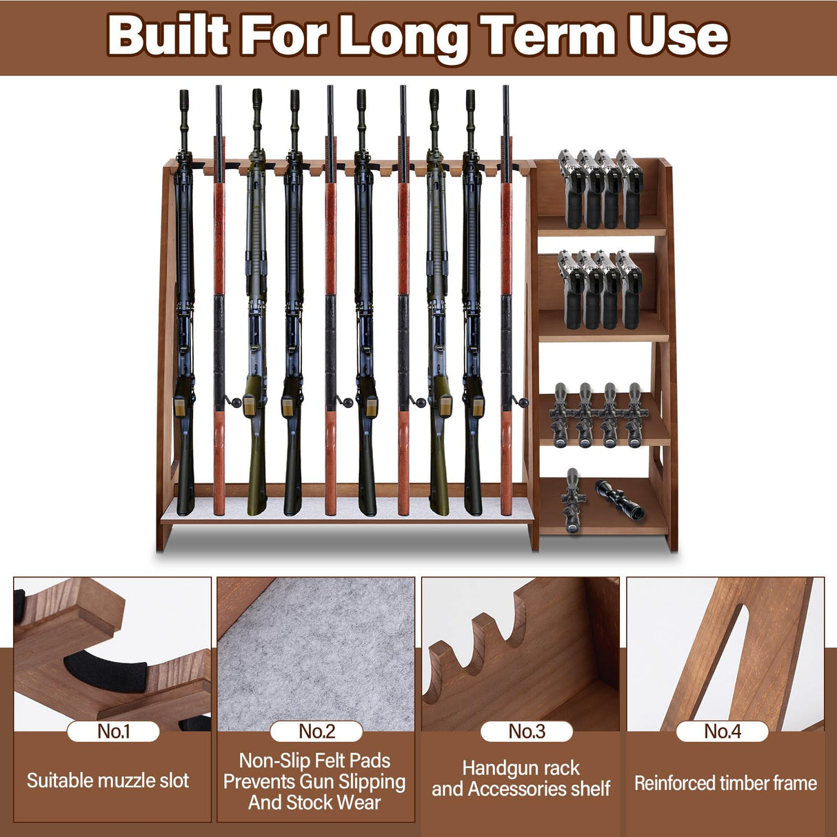 Wooden Gun Rack with Holder, Indoor Floor Standing Rifle Rack, Gun Display Storage for Home or Garage Storage, Holds 10 Long guns and 8 handguns(Walnut) Lineshading