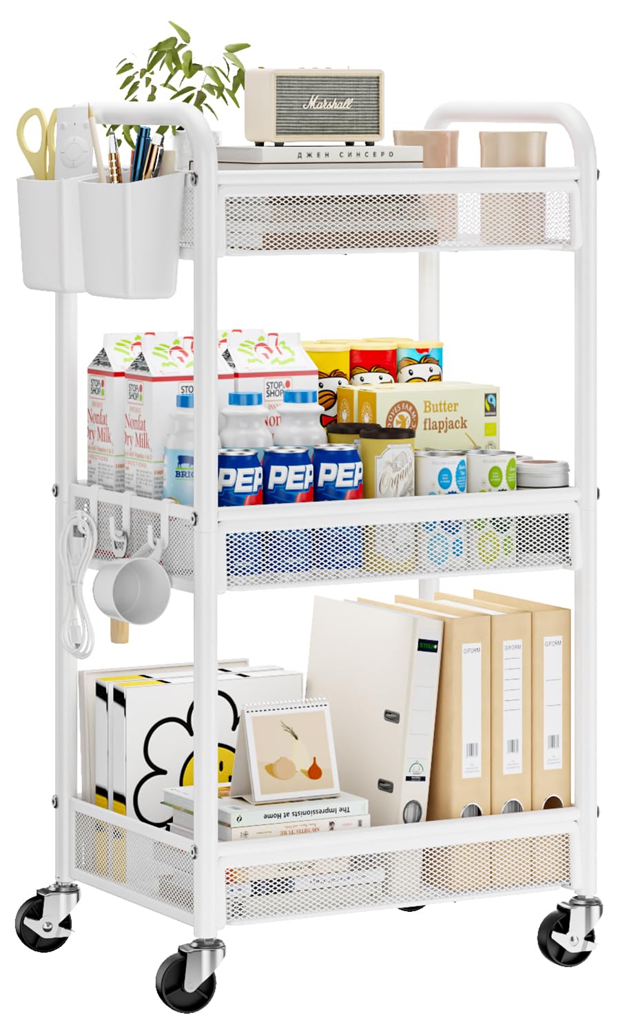 YASONIC 3 Tier Rolling Cart – Metal Utility Storage Cart with Wheels, Craft Carts Organizer with Hanging Cups, Hooks, Mesh Basket for Bedside Kitchen Office Art, White YASONIC