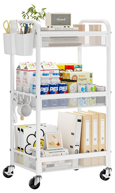 YASONIC 3 Tier Rolling Cart – Metal Utility Storage Cart with Wheels, Craft Carts Organizer with Hanging Cups, Hooks, Mesh Basket for Bedside Kitchen Office Art, White