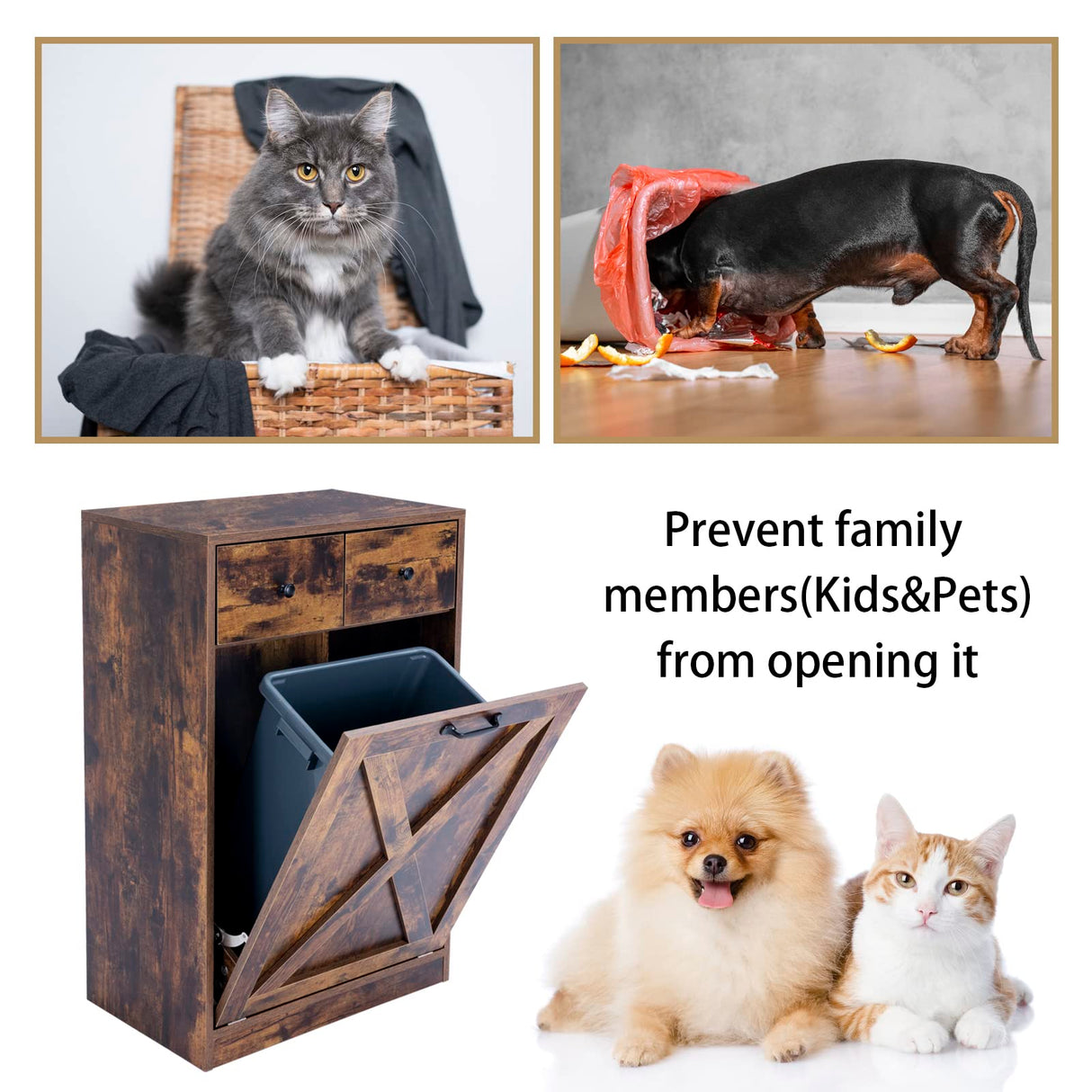 Zedesey Tilt Out Trash Cabinet with 2 Drawers Wood Hidden Kitchen Recycling Cabinet Free Standing Pet Proof Trash Can Laundry Cabinet for Kitchen, Living Room, Dining Room, Rustic Brown Zedesey