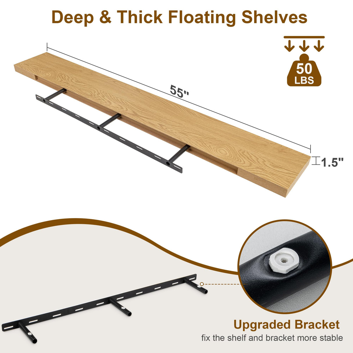 Fun Memories 55 Inch Fireplace Mantel Shelf -Long Floating Shelf, Wall Mounted Farmhouse Display Shelf with Invisible Heavy Duty Metal Bracket, Oak Fun Memories
