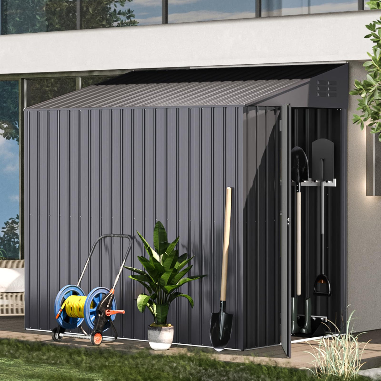 AECOJOY 4' x 6' Lean to Shed, Small Metal Outdoor Storage Shed, Wall Side Sheds & Outdoor Storage Cabinet Clearance, Bike Shed for Garden, Backyard and Outdoor Use in Dark Grey AECOJOY