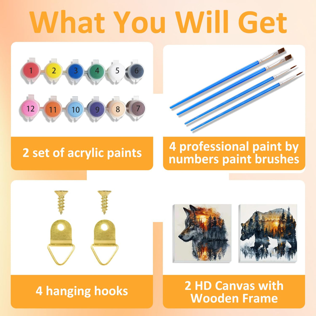 2 Pack Paint by Number for Adults Beginner, Bear Painting by Number Kit, Wolf Easy Acrylic Painting by Number on Canvas, Animal Paint by Numbers for Home Wall Art Decor with Frame (11.8x11.8Inch) Mandun