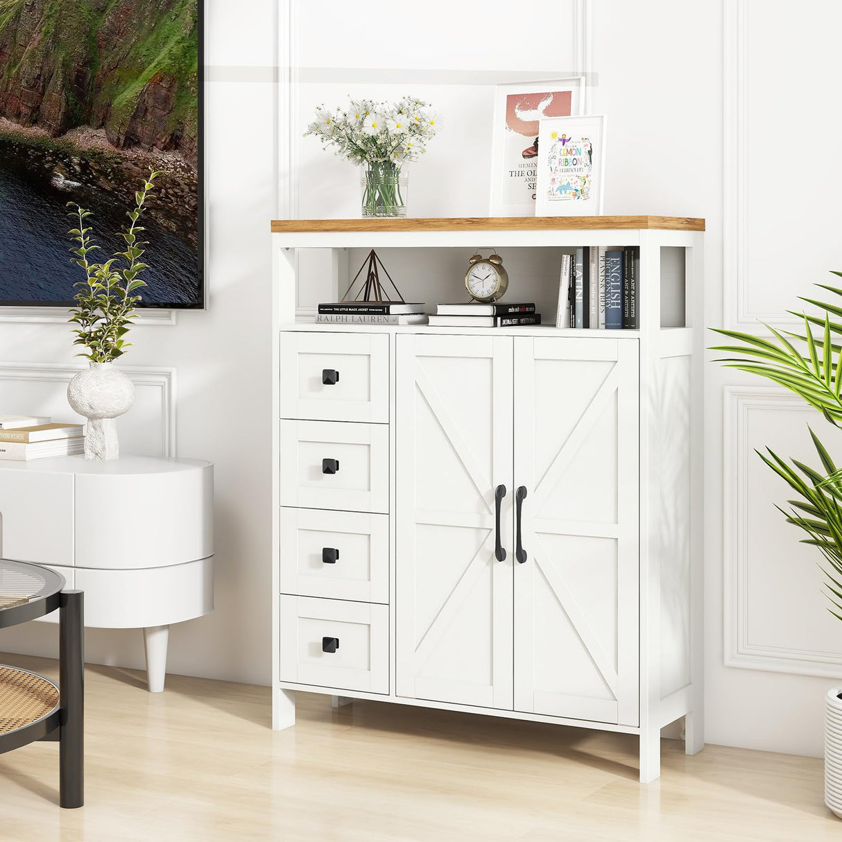 Halitaa Farmhouse Storage Cabinet with 2 Doors and 4 Drawers – Stylish Freestanding Unit for Bathroom, Kitchen, and Living Room Halitaa