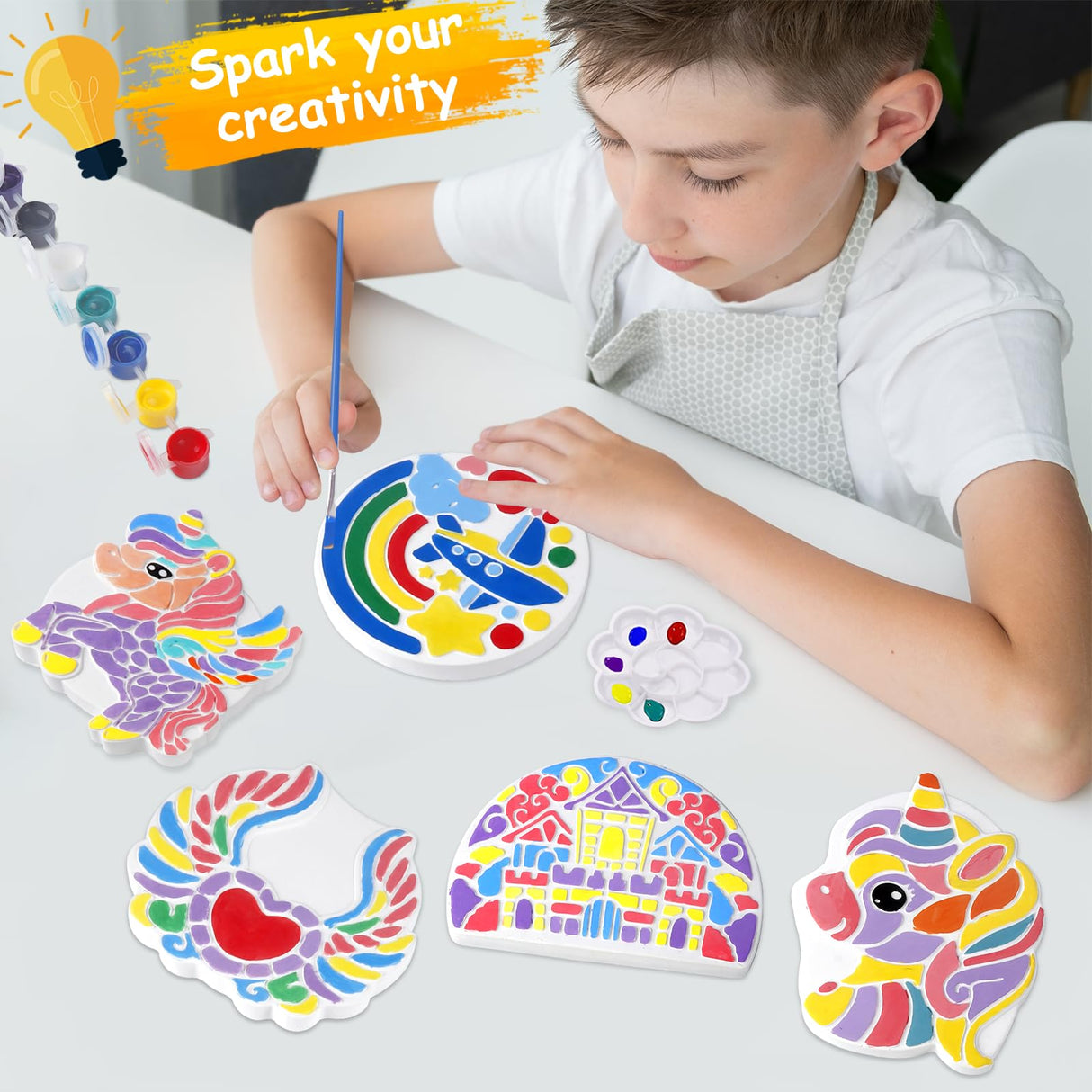 Paint Your Own Stepping Stones Painting Kit for Kids, Unicorn Craft Kits Boys & Girls Ages 3-12, Castle Heart Airplane Rainbow DIY Outdoor Garden Art & Craft Ceramic Painting Set 5-Pack Hewaurorion