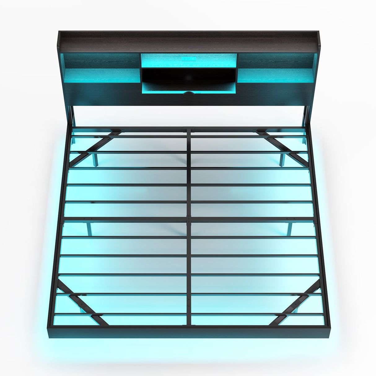 DICTAC King Floating Bed Frame with LED Lights and Headboard Storage, Visual Floating Bed with Charing Station, King Size Metal Platform Bed with Stable Structure, No Box Spring Need, Easy Assembly DICTAC